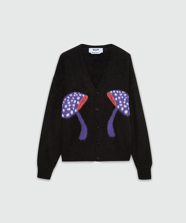 Cardigan nero in mohair spazzolato con motivo jacquard "Fantastic mushroom"