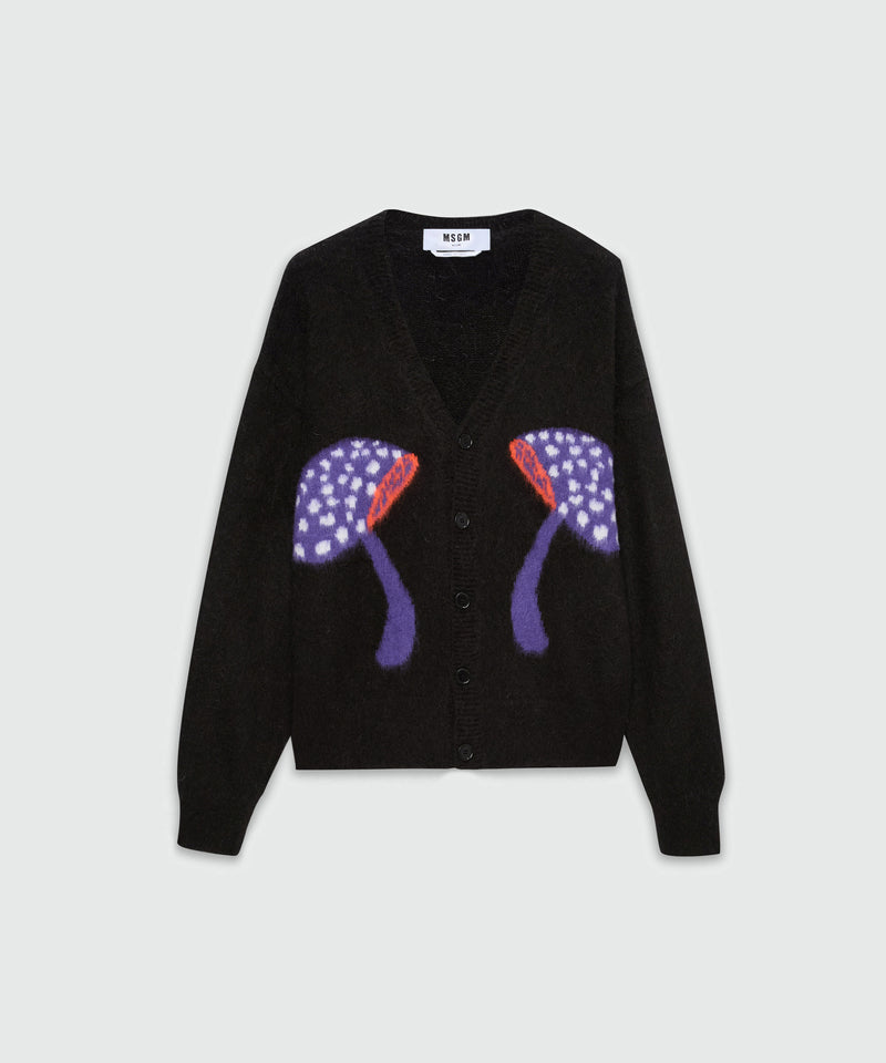 Cardigan nero in mohair spazzolato con motivo jacquard "Fantastic mushroom" 99 Uomo 