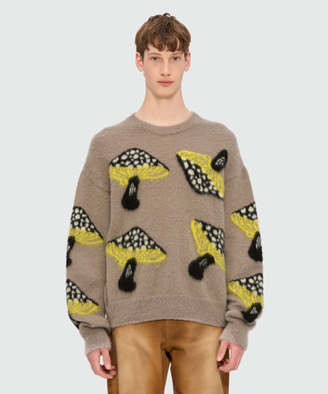 Gray brushed mohair sweater with "Fantastic Mushroom" jacquard pattern