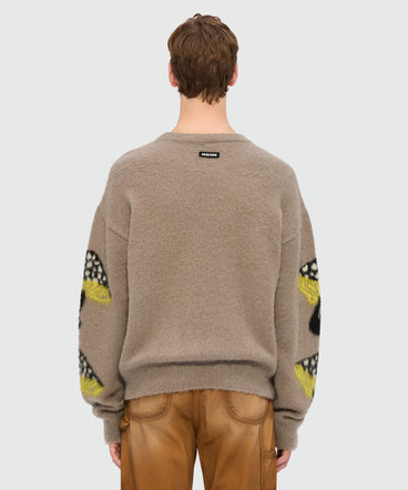 Gray brushed mohair sweater with "Fantastic Mushroom" jacquard pattern