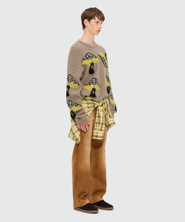 Gray brushed mohair sweater with "Fantastic Mushroom" jacquard pattern