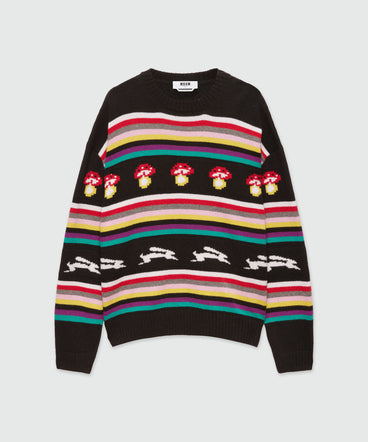 Multicolor jacquard sweater "Follow the rabbit®" and "I Love Mushrooms"