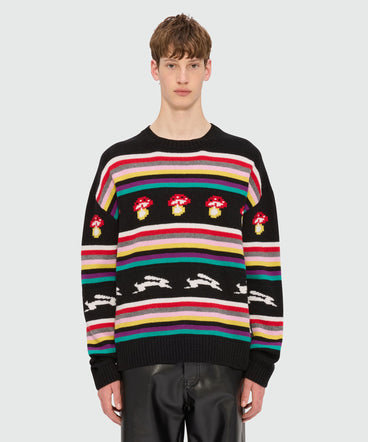 Multicolor jacquard sweater "Follow the rabbit®" and "I Love Mushrooms"
