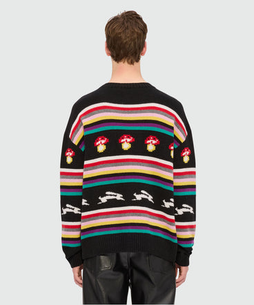 Multicolor jacquard sweater "Follow the rabbit®" and "I Love Mushrooms"
