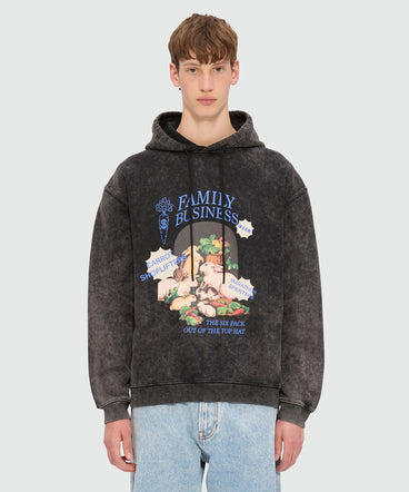 Black marbled jersey hoodie with "Family Business" print
