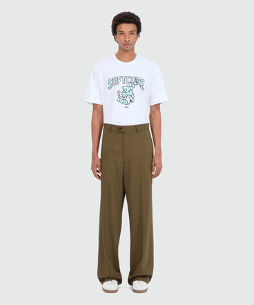 Wide-leg olive green trousers in cool wool with MSGM label