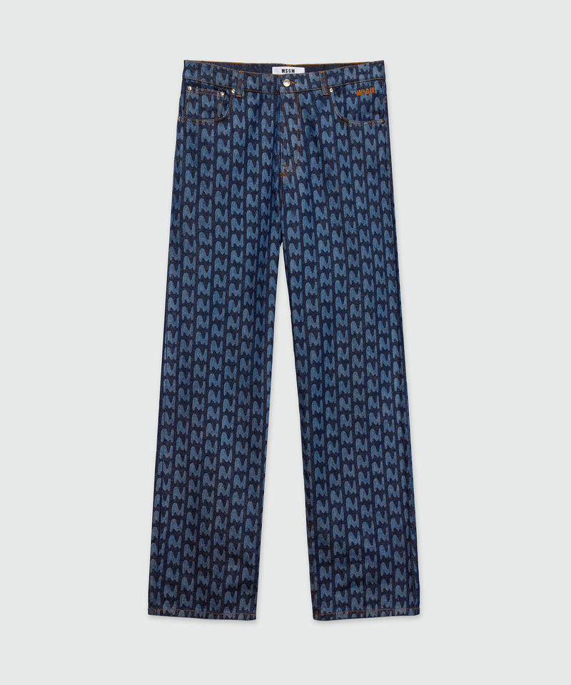 Blue laser-cut denim trousers with "TheMwave" motif 88 Men 