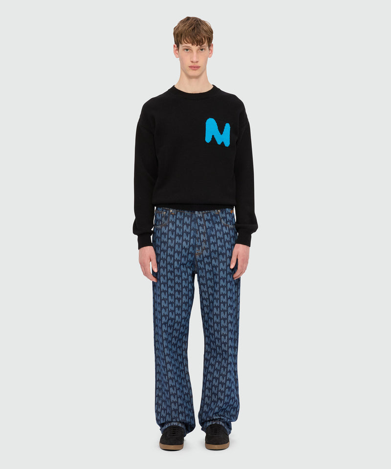Blue laser-cut denim trousers with "TheMwave" motif 88 Men 