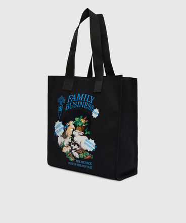 Black canvas tote with "Family Business" print