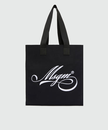 Black canvas tote with white cursive MSGM logo