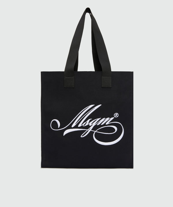Black canvas tote with white cursive MSGM logo