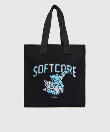 Black canvas tote with "Softcore" print