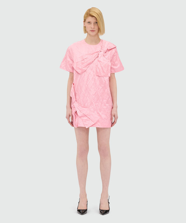 Pink crinkle duchesse minidress with bow