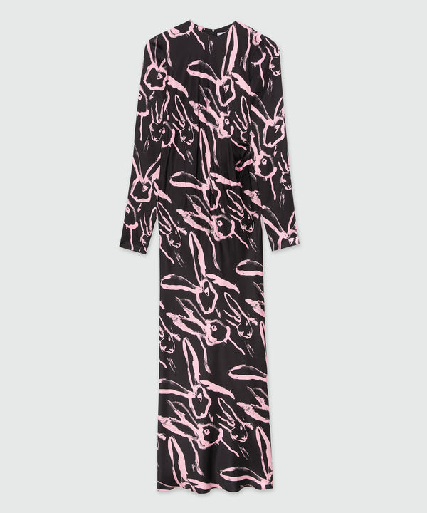 Long black crepe dress with "Sketched Bunnies" print