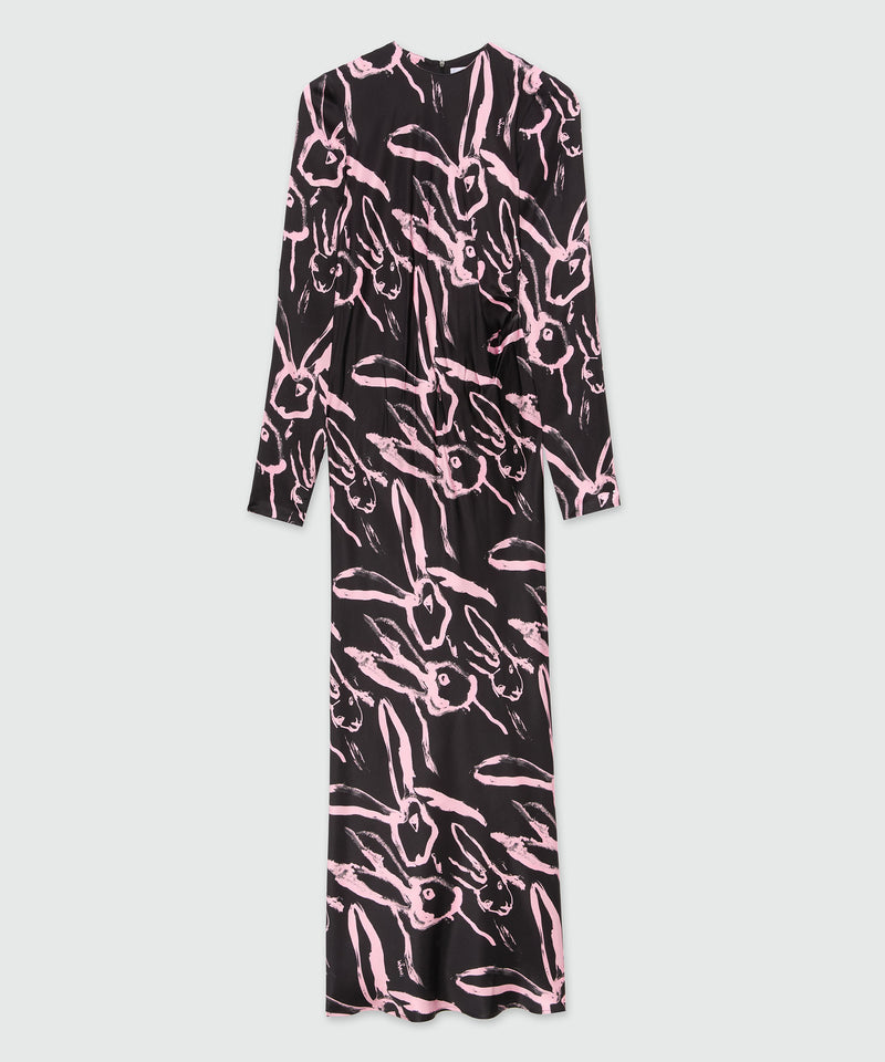 Long black crepe dress with "Sketched Bunnies" print 99 Women 