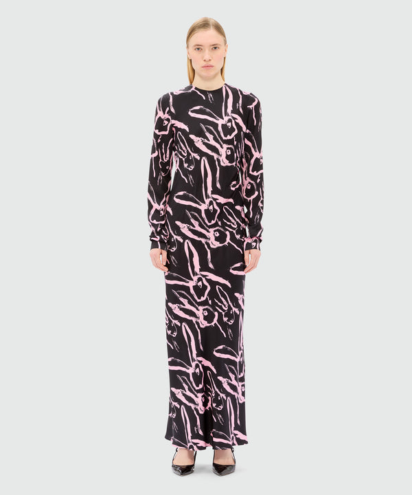 Long black crepe dress with "Sketched Bunnies" print
