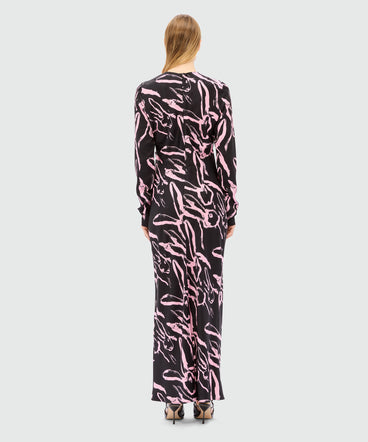 Long black crepe dress with "Sketched Bunnies" print