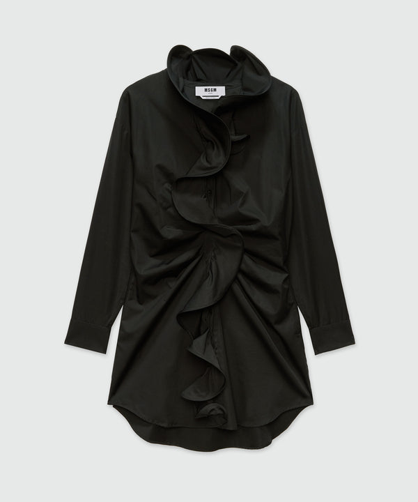 Black poplin shirt dress with ruffles