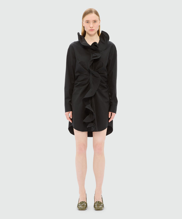Black poplin shirt dress with ruffles