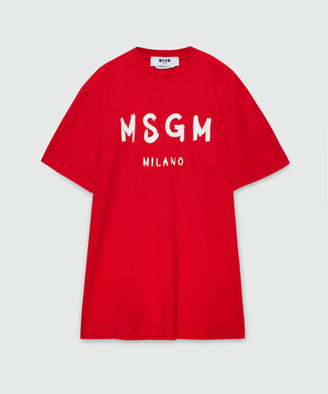 Red jersey t-shirt dress with MSGM brushstroke logo
