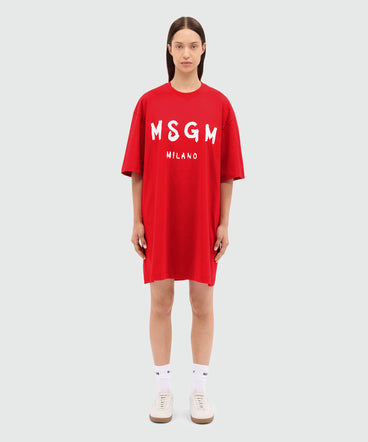 Red jersey t-shirt dress with MSGM brushstroke logo