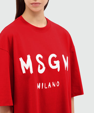 Red jersey t-shirt dress with MSGM brushstroke logo