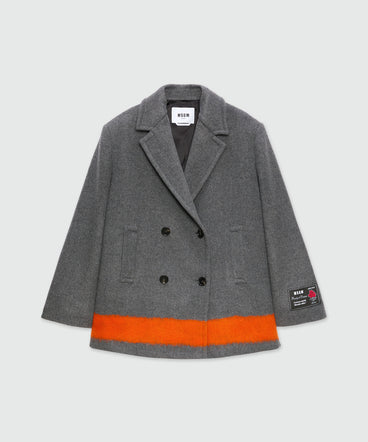 Anthracite double-breasted coat in wool cloth with contrasting band