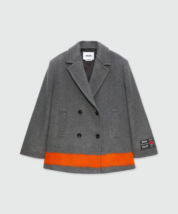 Anthracite double-breasted coat in wool cloth with contrasting band