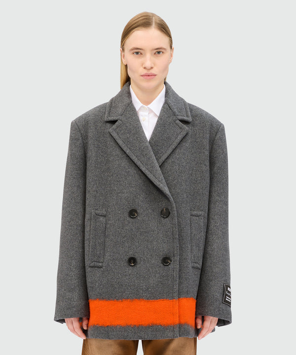 Anthracite double-breasted coat in wool cloth with contrasting band