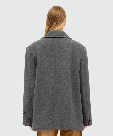 Anthracite double-breasted coat in wool cloth with contrasting band