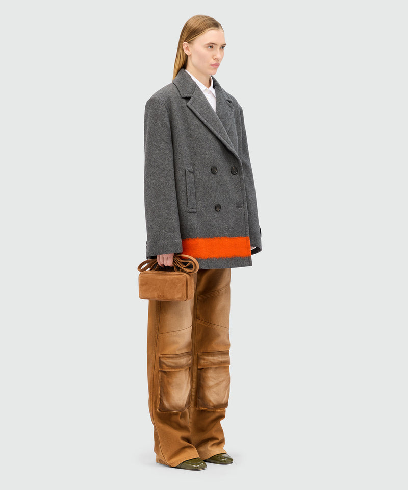 Anthracite double-breasted coat in wool cloth with contrasting band 98 Women 