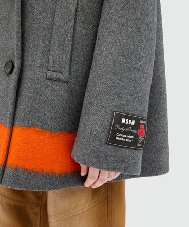 Anthracite double-breasted coat in wool cloth with contrasting band