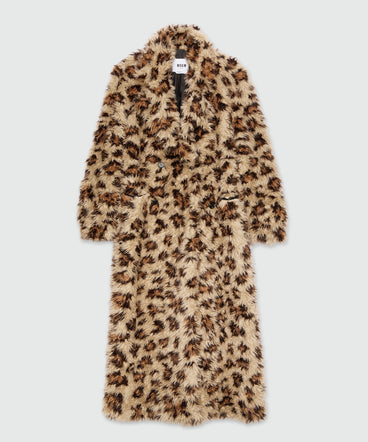 Long beige animalier coat in shaggy-effect faux fur