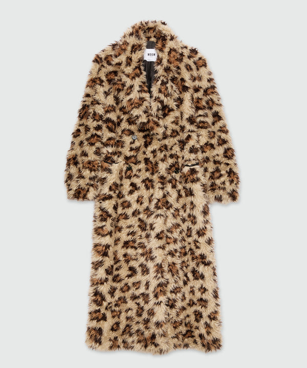 Long beige animalier coat in shaggy-effect faux fur