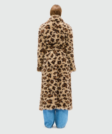 Long beige animalier coat in shaggy-effect faux fur