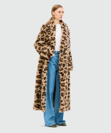 Long beige animalier coat in shaggy-effect faux fur