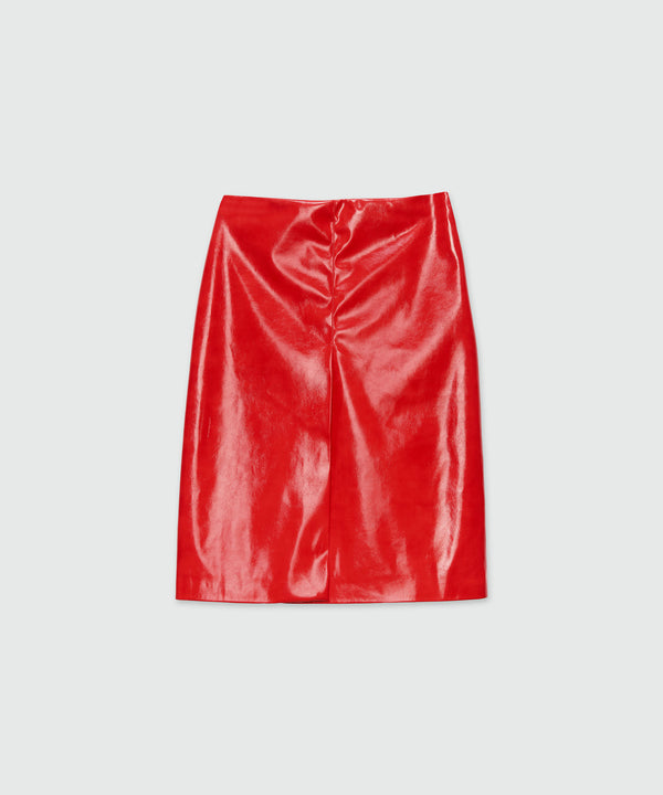 Red vinyl midi skirt
