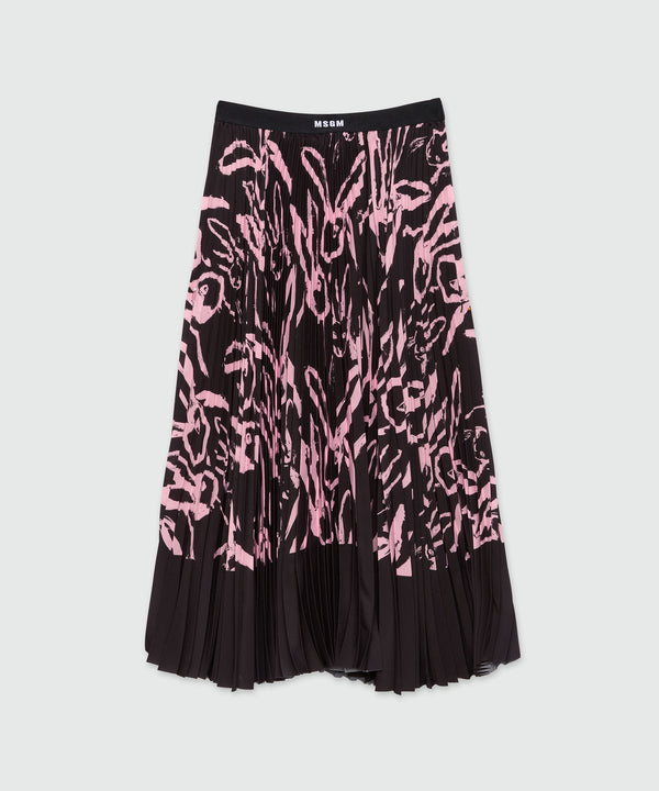 Black pleated midi skirt with "Sketched Bunnies" print