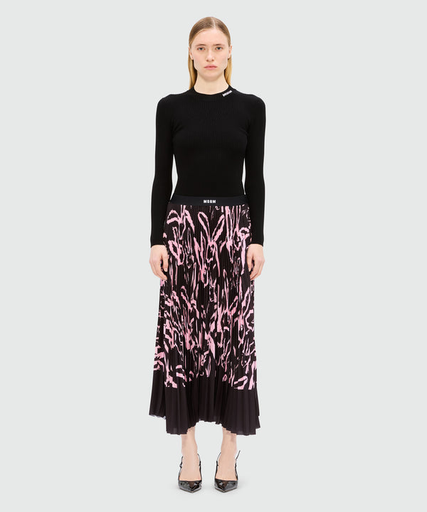 Black pleated midi skirt with "Sketched Bunnies" print