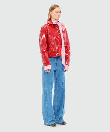 Pink satin shirt with a wrinkled effect and a jacquard "TheMwave" motif