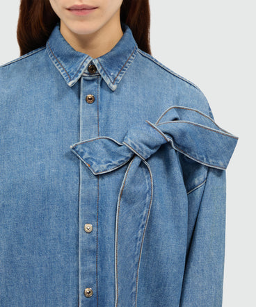 Blue denim shirt with bow