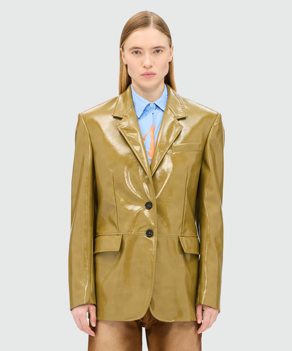 Olive green single-breasted vinyl jacket