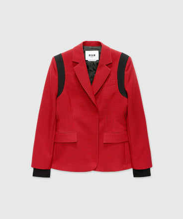 Red single-breasted jacket with check pattern