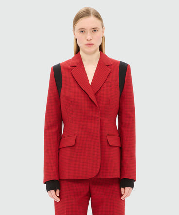 Red single-breasted jacket with check pattern