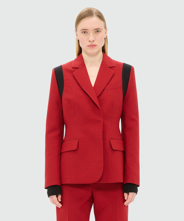 Red single-breasted jacket with check pattern
