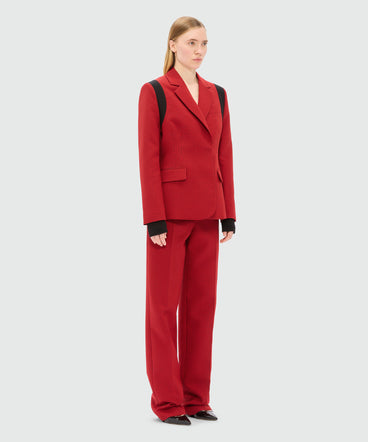Red single-breasted jacket with check pattern