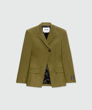 Olive green single-breasted jacket in cool asymmetric wool