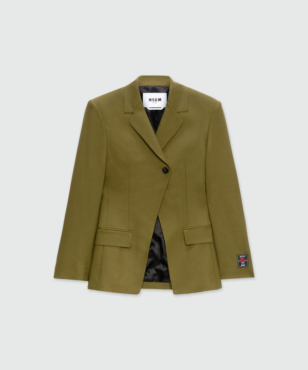 Olive green single-breasted jacket in cool asymmetric wool