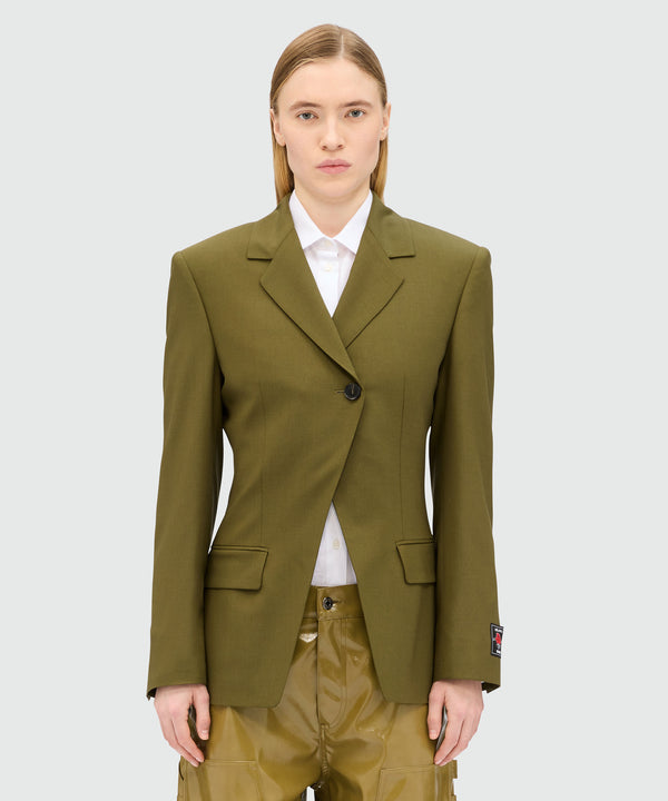 Olive green single-breasted jacket in cool asymmetric wool
