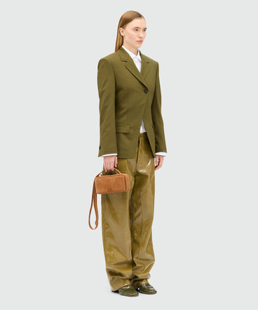 Olive green single-breasted jacket in cool asymmetric wool